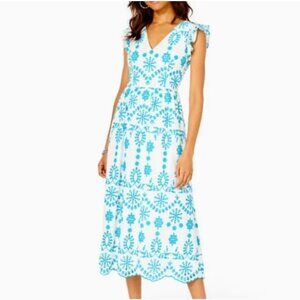 Lilly Pulitzer Lillyanne Flutter Sleeve Eyelet Mididress Turquoise & White 6